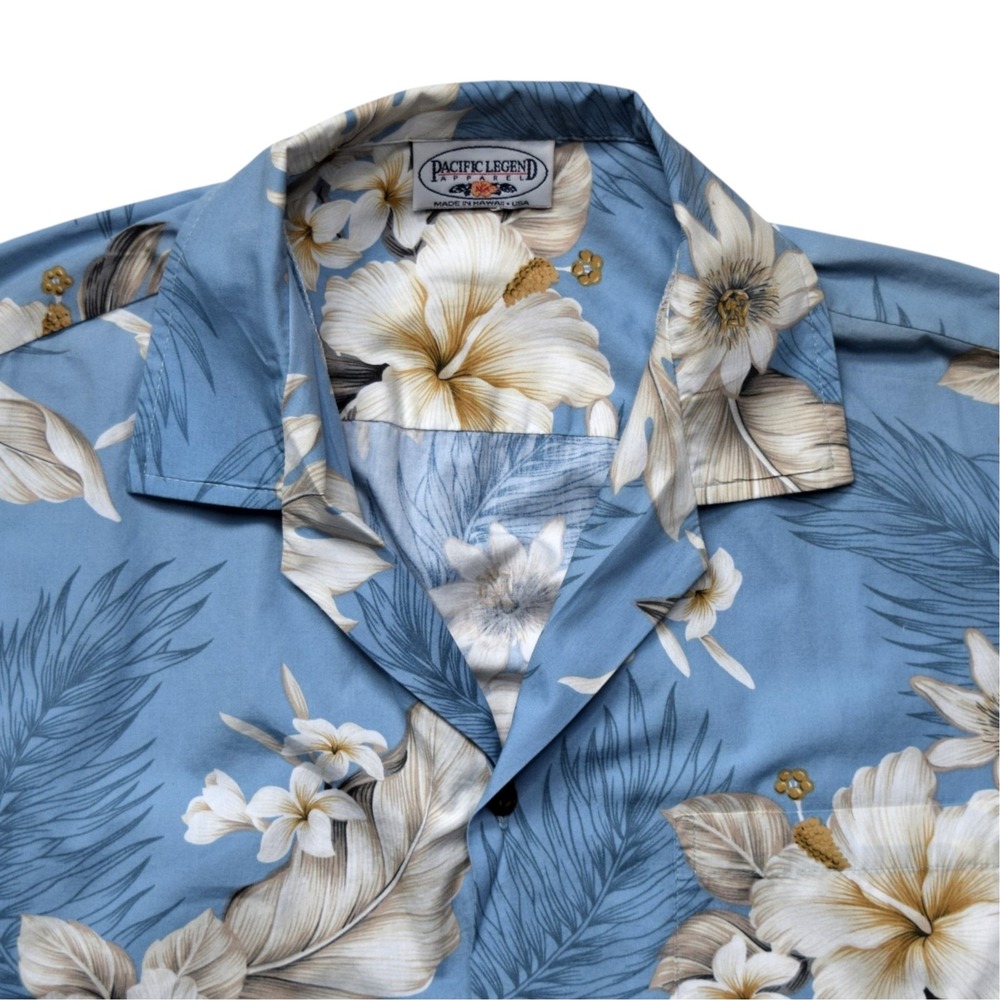 Pacific Legend Men's L Sky Blue Hibiscus Hawaiian Aloha Camp Shirt Made in USA